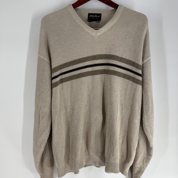 Vintage Eddie Bauer Striped Long Sleeve V-Neck Pullover Sweater Beige Size M - Picture 1 of 6